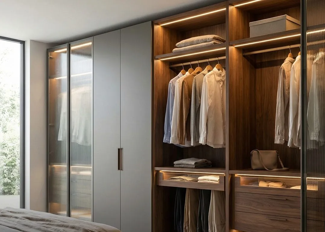 Walk-in wardrobe in walnut