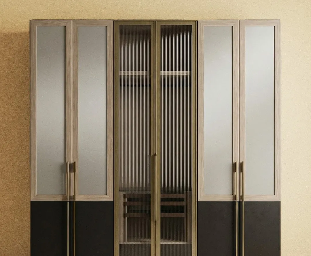 Bliss wardrobe with fluted glass centre doors and brass handles