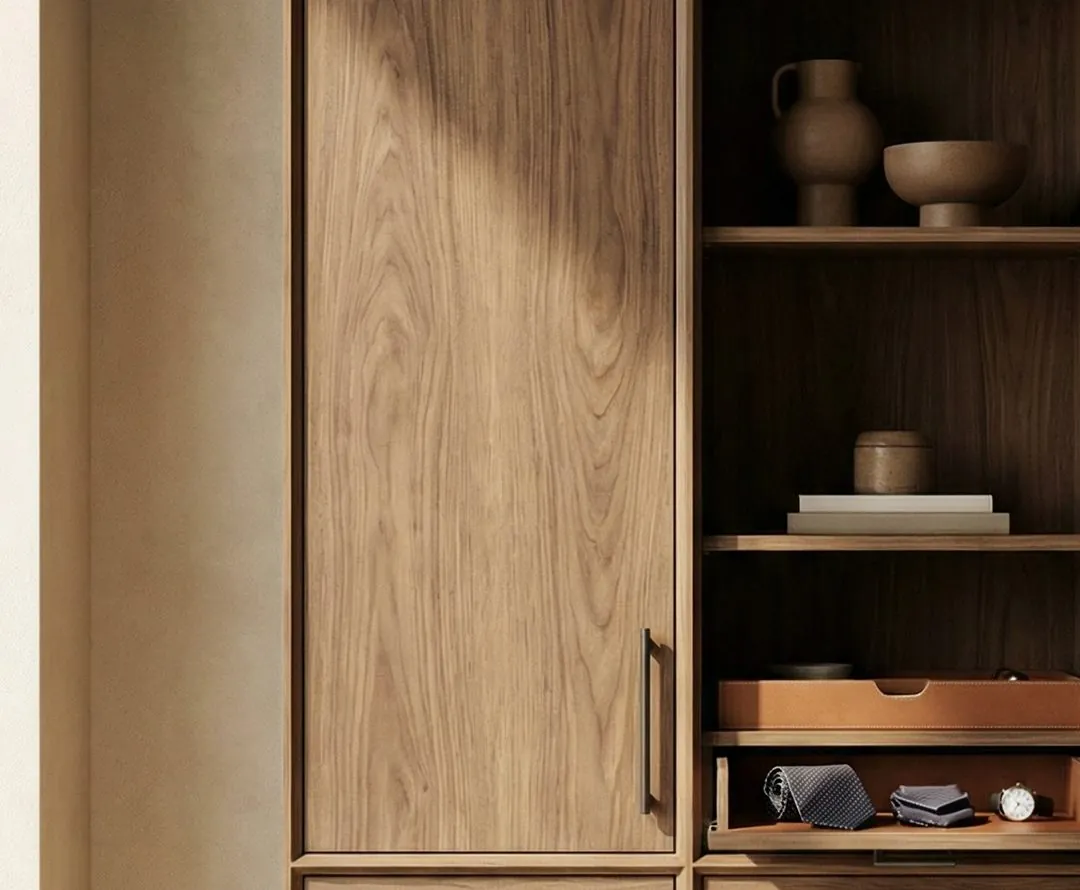 Light oak dresser with open shelves and accessory drawer