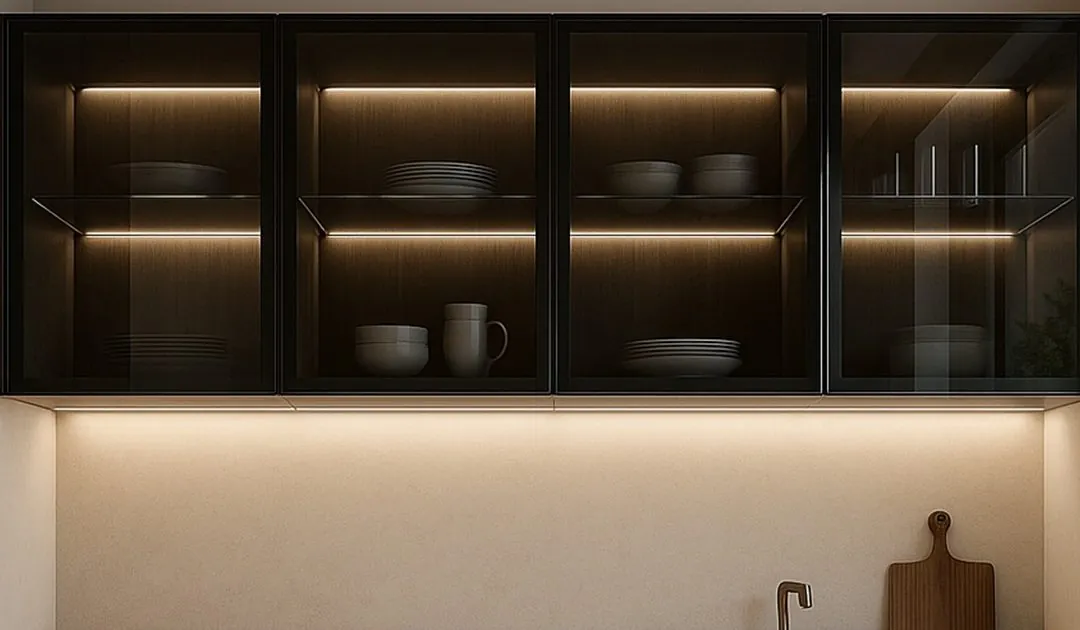 Modular kitchen with smoked-glass wall cabinets and warm ambient lighting
