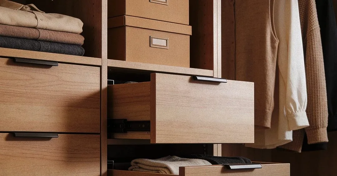 Walk-in closet interior with open drawers, shelves and hanging space